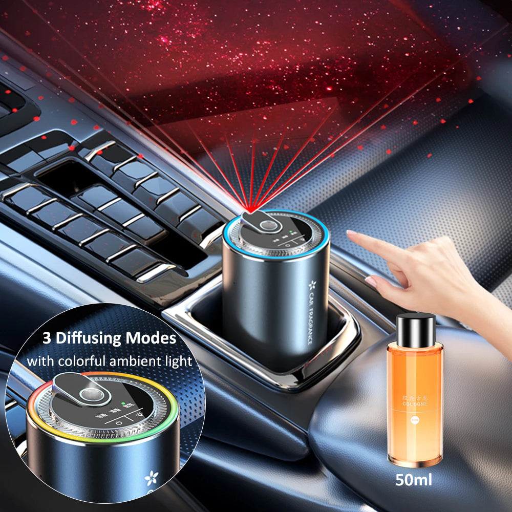 Car Aroma Diffuser with LED Starry Ambient Light 50ml Cologne Perfume Car Air Freshener Flavoring for Cars Fragrance Diffusers CM World
