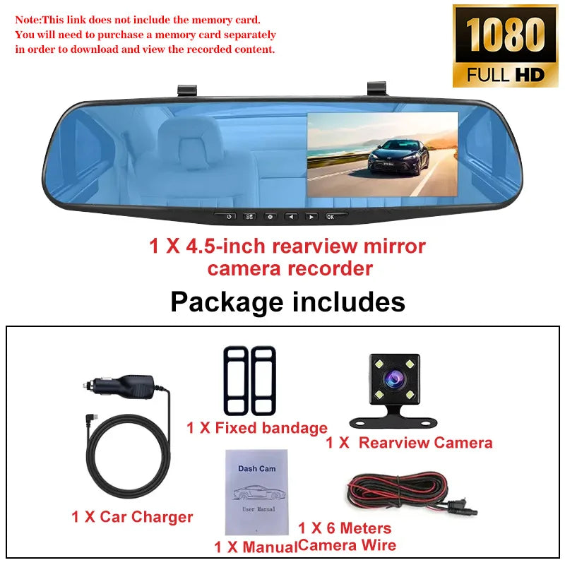 4.5 Inch Mirror Screen Car Dash Cam 1080P Front & Optional Rear Camera Dual Channel DVR Recorder with Auto Mode