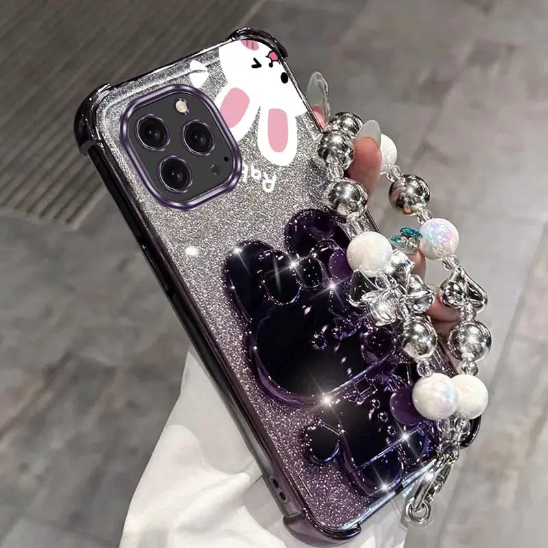 Airbag Glitter Mirror Rabbit Phone Holder Case On For iPhone 16 15 14 13 12 11 Xs Pro Max Mini X XR Plus Anti-knock Stand Cover