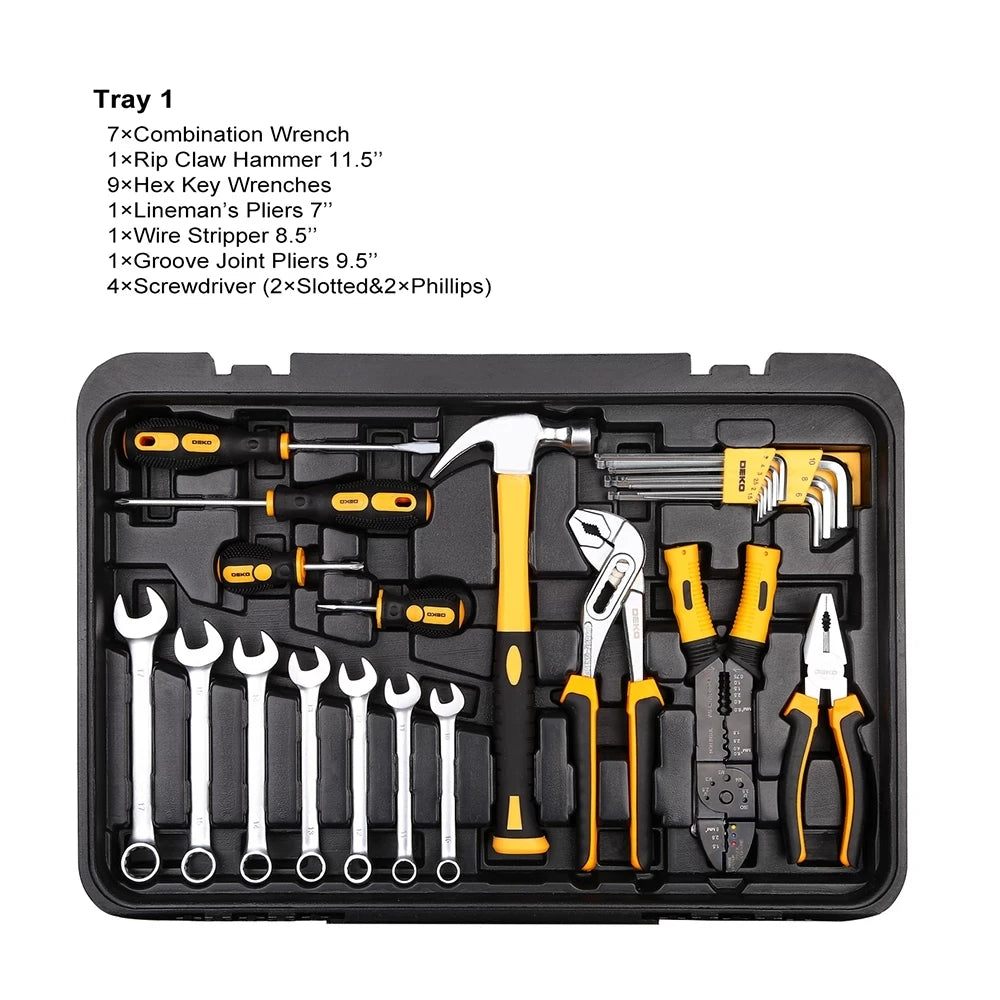 DEKO 258pcs Home DIY Hand Tool Set Professional Hand Tool Luggage Three-layer Rolling Portable Storage Box CM World