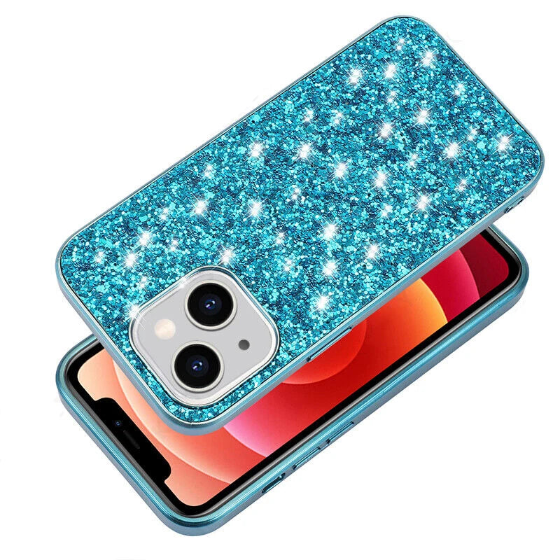 Shining Glitter Bling Sequins Case For iPhone 14 13 12 11 15 16 Pro Max Mini XS XR 7 8 Plus Plating Frame Shockproof Phone Cover