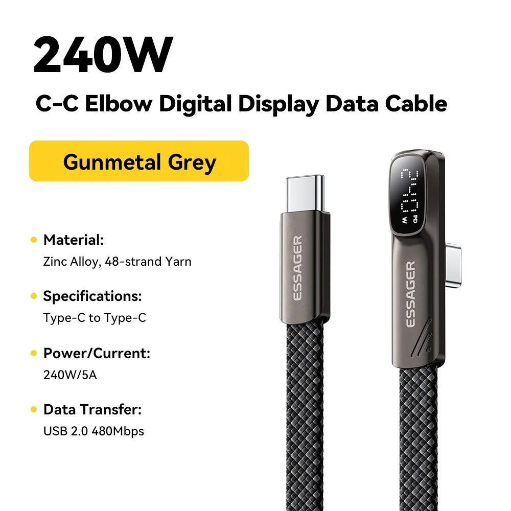 Essager Elbow 240W Type C to Type C Cable Digital Display 5A PD Fast Charging Wire For iPhone 17 16 MacBook Pro Samsung Huawei