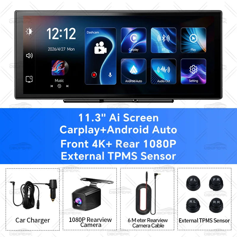 11.3" K5 Pro TPMS Sensors 4K Rear View Dash Cam Carplay & Android Auto WiFi AUX BT Car Drive Recorder GPS Navigation Dual Lens