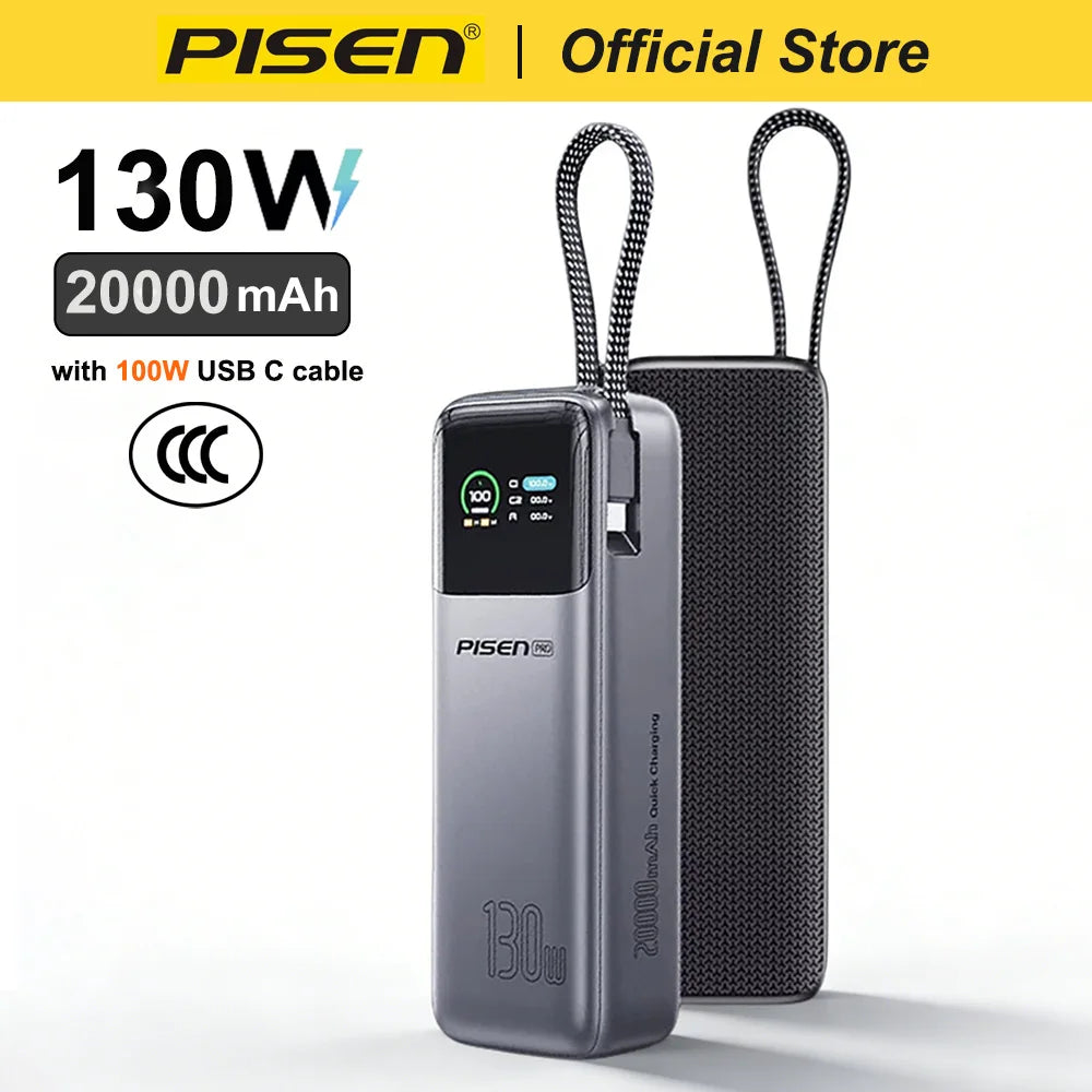 PISEN 130W Tablets Super Fast Charging Power Bank 20000mAh With Type C Cable External Battery for Laptop Notebook IPhone Macbook Car Mobile World