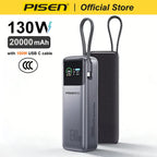 PISEN 130W Tablets Super Fast Charging Power Bank 20000mAh With Type C Cable External Battery for Laptop Notebook IPhone Macbook Car Mobile World