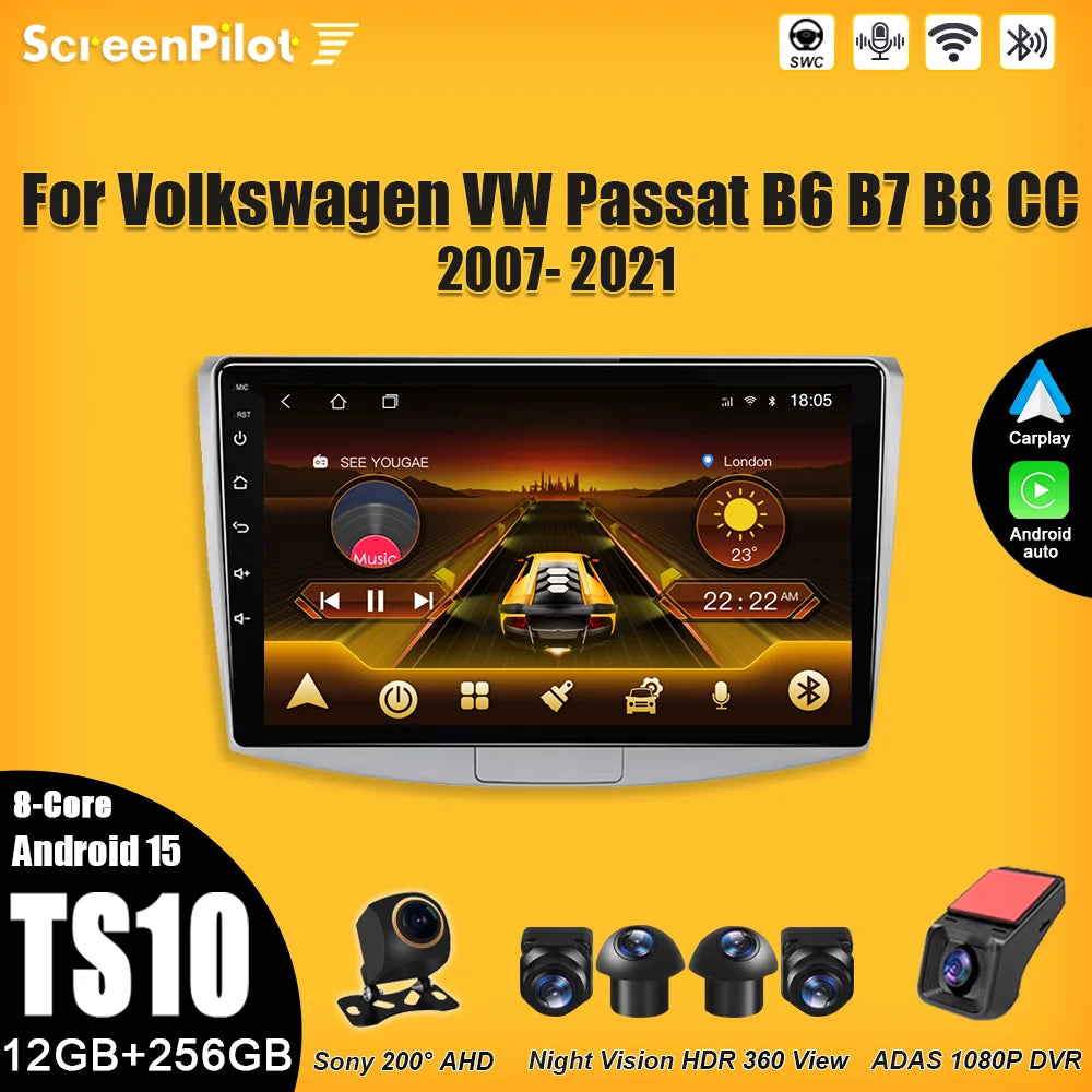 For  Volkswagen VW Passat B6 B7 B8 CC 2007- 2021 android 15 Multimedia Video Player Carplay Intelligent System Wifi 4G 8 Core CM World