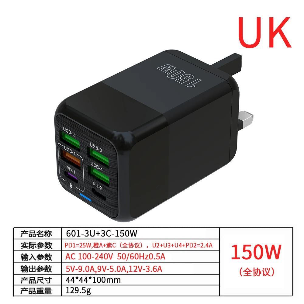 150W 6 Ports Pd QC 4.0 Usb C Fast Charger Wall Adapter Super Fast Charging For Iphone Samsung Ipad Xiaomi Huawei Oneplus Oppo Car Mobile World