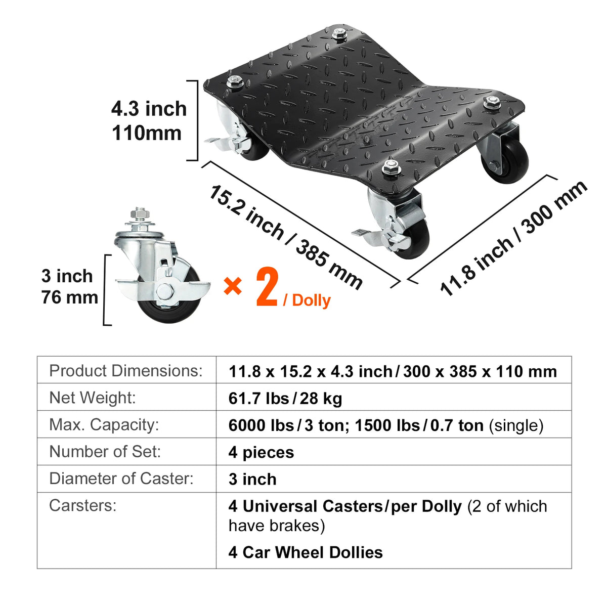 SucceBuy 2/4PCS Car Tire Wheel Trolley Dollies 1500Lbs Weight Capacity Vehicle Skates Moving Tire 4 Casters Auto Repair Mover
