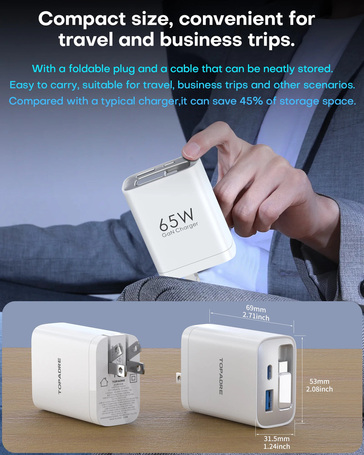 EU plug 65W GaN PD3.1 Fast Charger With Retractable Cable , 3-Port Type-C + USB-A Travel Adapter For IPhone , Laptops, Galaxy
