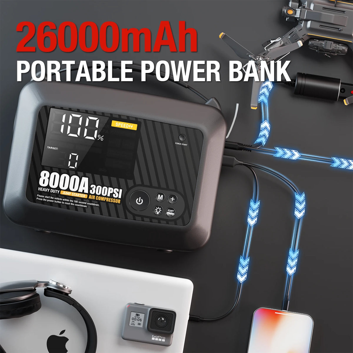 8000A Professional Heavy Duty Car Jump Starter With Air Pump Powerful Car 12V Car Battery Starter Booster Starting Device