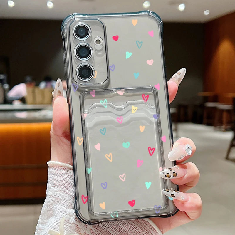 Card Bag Wallet Case For Samsung Galaxy S26 S25 S24 Ultra S23 S24 FE A17 A57 A55 A37 A15 A16 A56 5G Tiny Hearts TPU Phone Cover