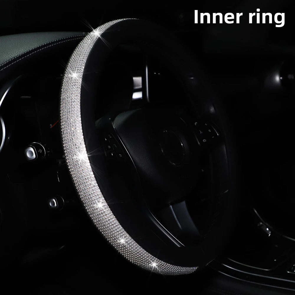 Women's PU Leather Car Interior Wheel Cover with Flashing Mesh Rhinestones for 14.5-15 Inch Car Accessories CM World