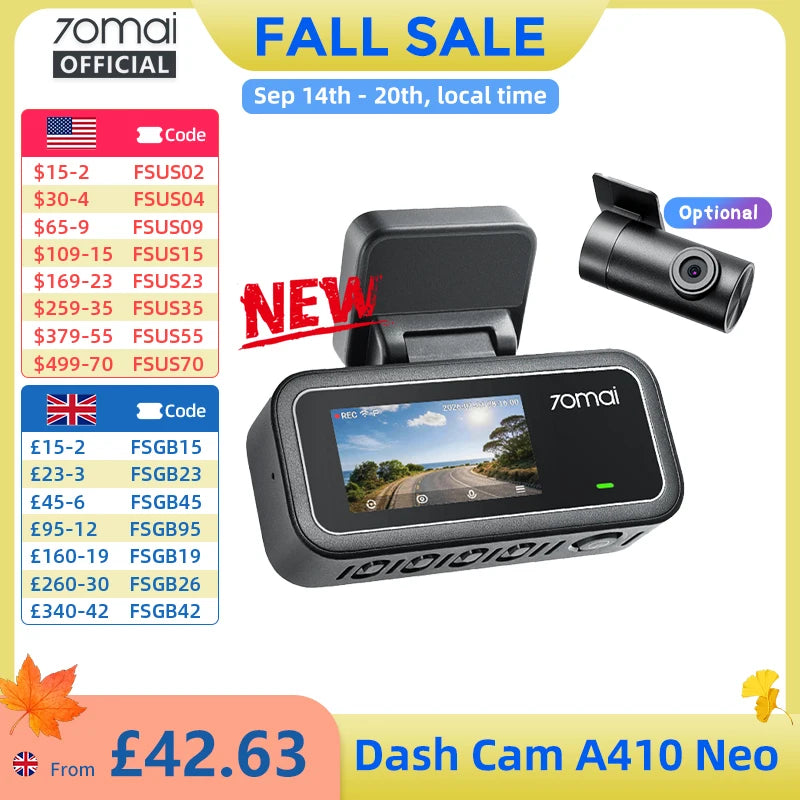 【New】70mai Dash Cam A410 Neo 1440P HDR Dual-Channel Built-in GPS f/1.6 Supercapacitor Wi-Fi 6 24H Parking Car DVR 70mai A410 Neo