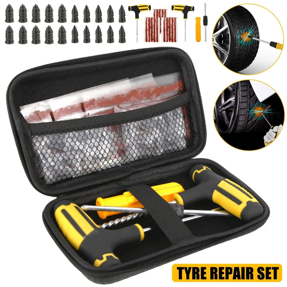 Universal Tubeless Tire Repair Kit - Emergency Puncture Tools w/Rubber T-Plugs for Car/Motorcycle On-Road Vacuum Seal CM World