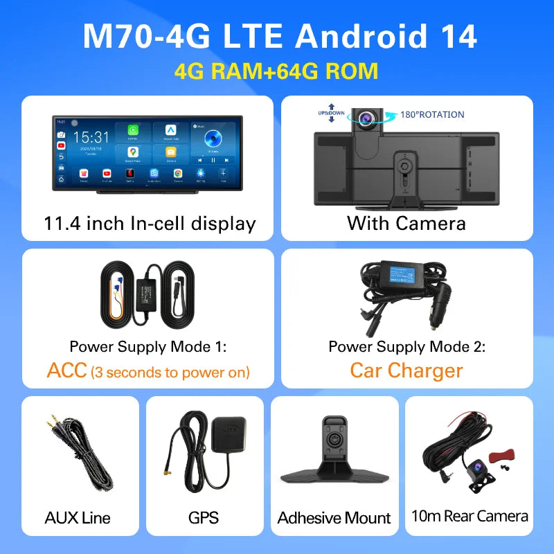 Imagebon M70 11.4" 4G Android 14 8+128G Dashcam 8 Core Wireless CarPlay & Android Auto Split Screen Remote Monitoring Car DVR Car Mobile World