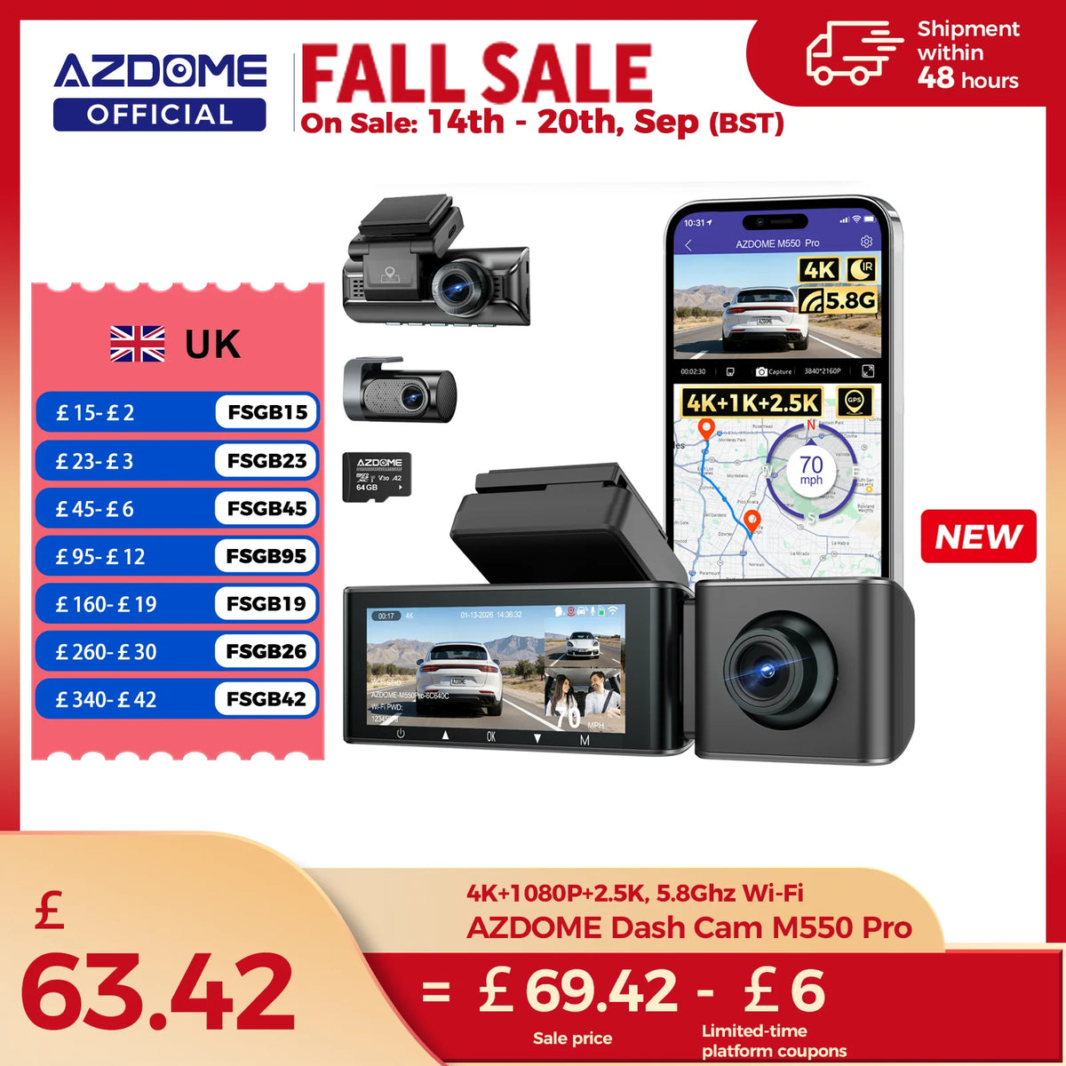 AZDOME M550 Pro Dash Cam Car DVR 5.8Ghz WiFi 3.19" IPS 2 or 3 Channel Dash Camera GPS Night Vision Dual 4K+1080P Parking Monitor