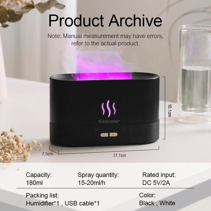 USB Desktop Flame Aroma Diffuser Humidifier 7 Colors Simulation Light Aromatherapy Air Purifier for Bedroom/Essential oil set CM World