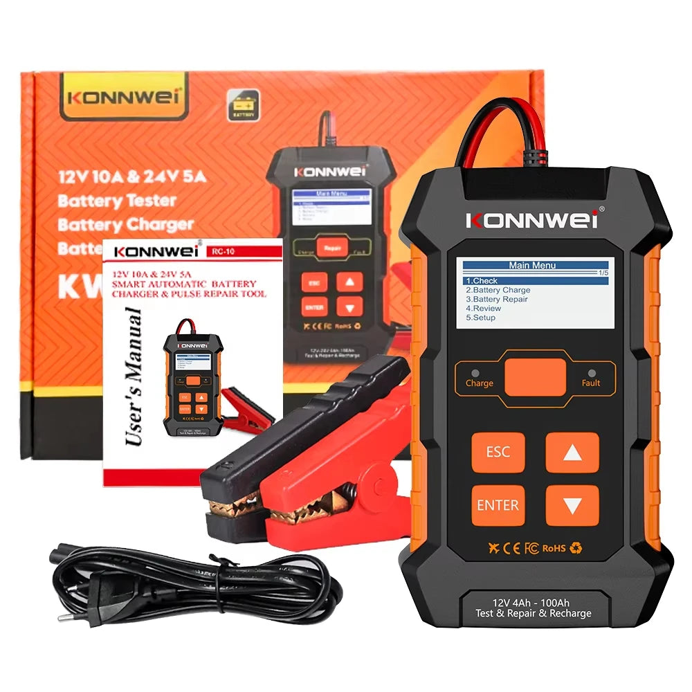 KONNWEI KW520 Car Battery Tester 12V 24V Battery Charger Lead Acid Car Battery Pulse Repair Tool AGM Gel Lithium Scanning Tool