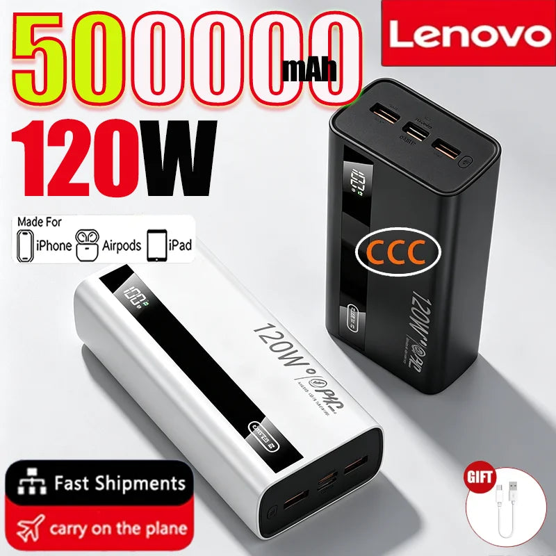 Lenovo 2027 NEW 500000mAh CCC 120W Portable Powerbank Super Fast Charging Battery Charger LED Digital Display For Xiaomi
