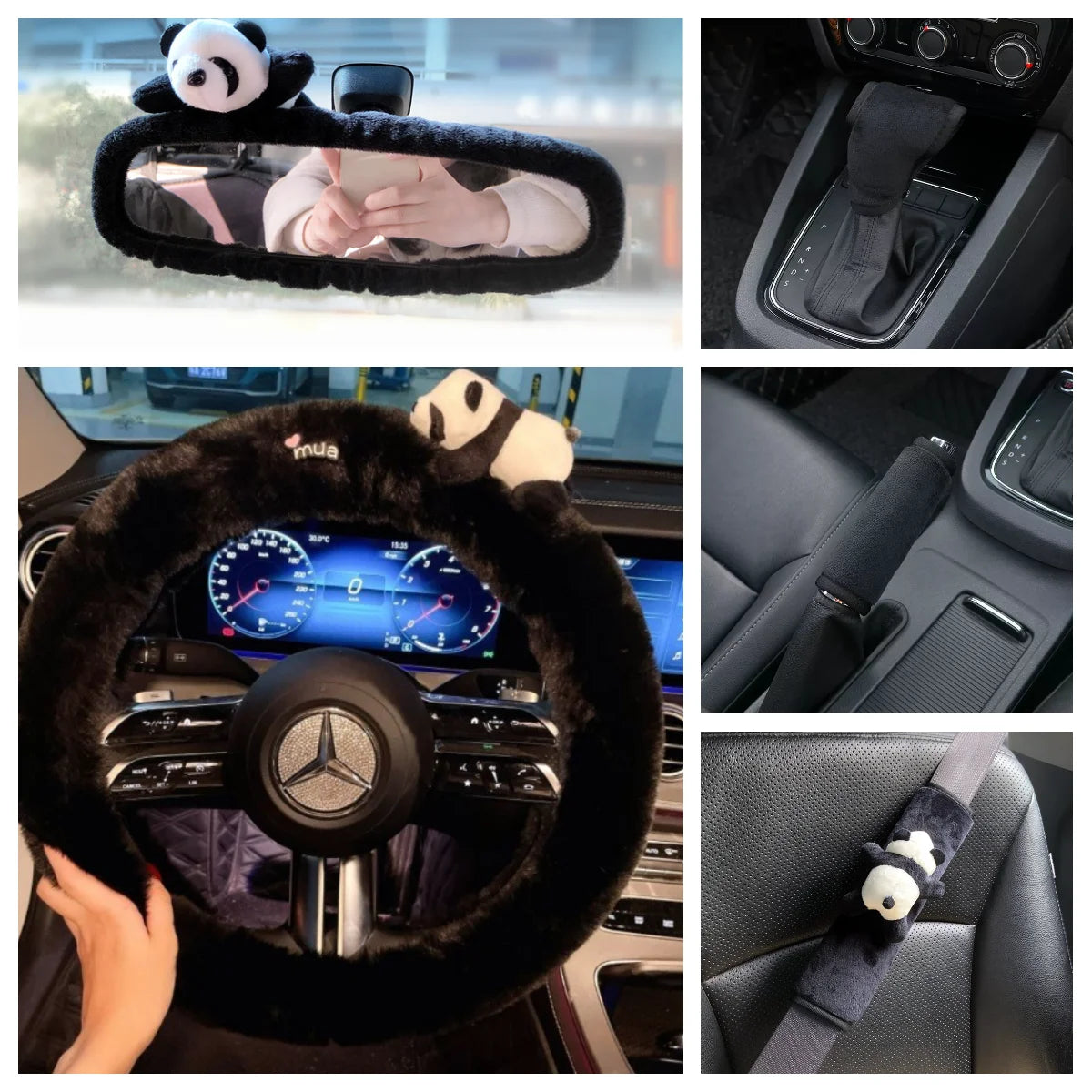 5PCS/Set Panda Plush Steering Wheel Cover for Winter Warm Non-Slip Handle & Gear Shift Cover for Women Car Interior Accessories CM World