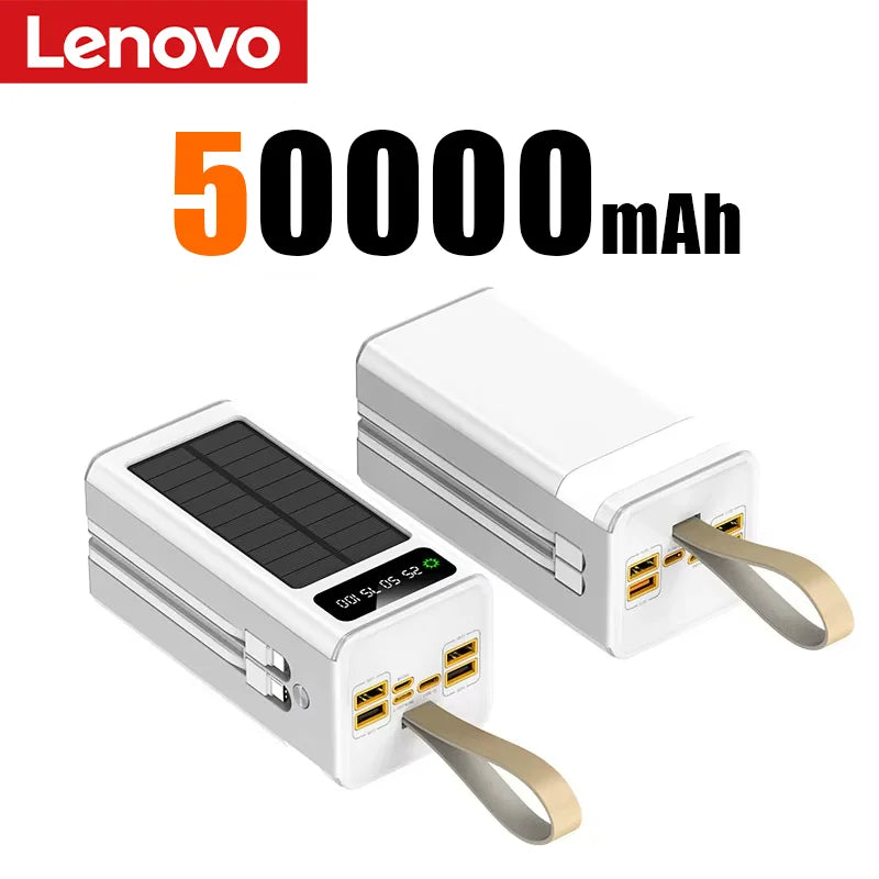 Lenovo 100000mAh Solar Power Bank High-capacity Built-in Cables External Battery LED Light Power Bank for  iPhone Samsung 2026 Car Mobile World