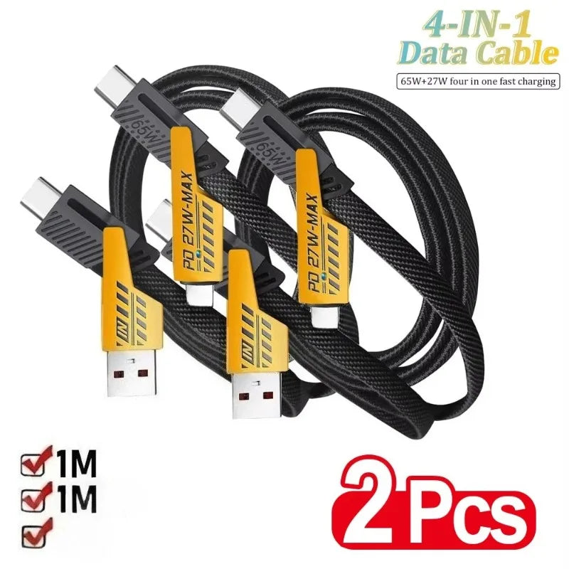 2PCS 4 in 1 Mecha Fast Charging Data Cable Cord PD 27W For iPhone 15 Samsung Xiaomi 65W USB Type C Multi Port Charge Wire Line
