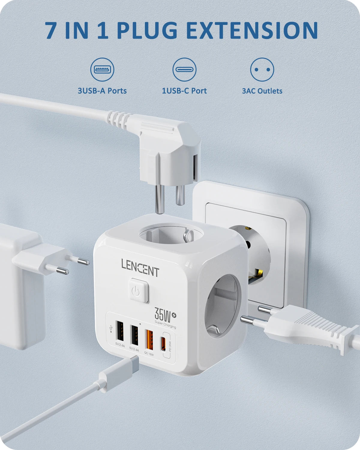 LENCENT EU Plug Power Strip Wall Socket with 3 AC+3 USB QC 18W +1 Type C PD 35W Fast Charger Adapter 7-in-1 Socket On/Off Switch Car Mobile World