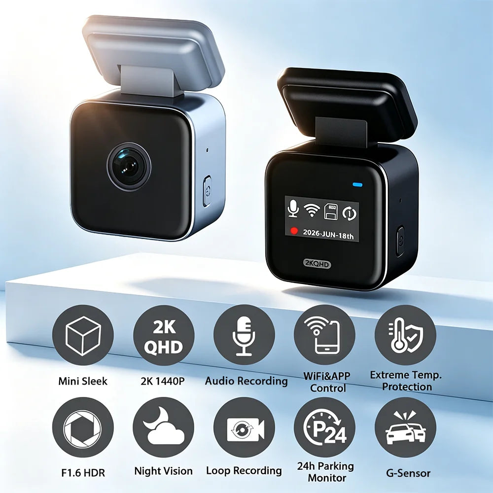 Mini Dashcam 2K Car Cameras with WiFi APP Control 24h Parking Mode Night Vision Time-lapse Recording Loop Recording G-Sensor
