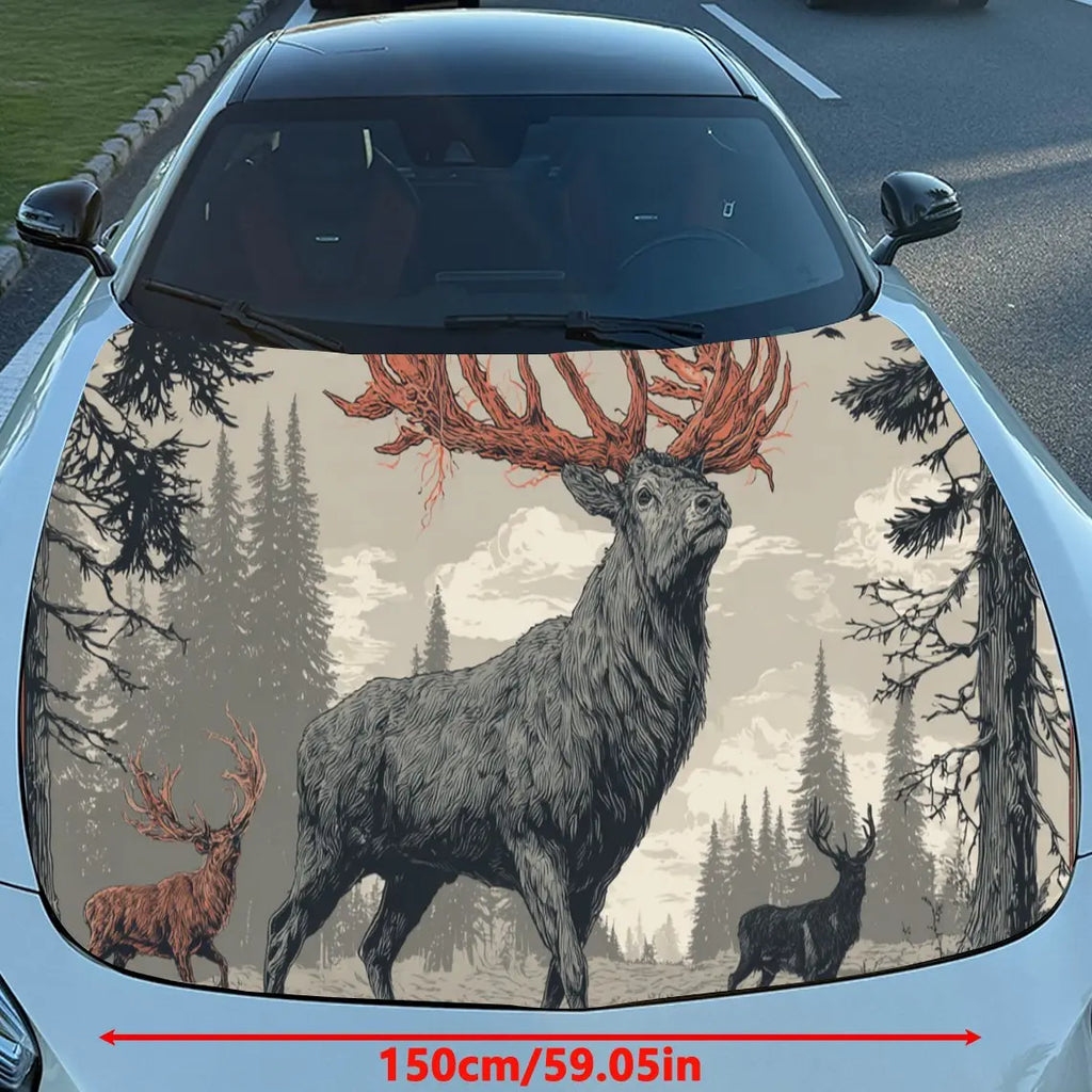 Dreamy Deer in a Mythical Forest PVC Car Engine Hood Vinyl Wraps, Self-Adhesive Waterproof Car Hood Decal Sticker, Car Decoratio