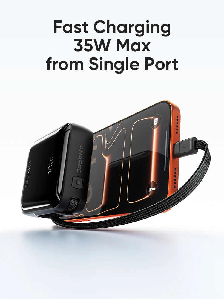 AHARGE 35W Mini Power Bank 10000mAh Built-In USB-C Cable Pocket-Sized PowerBank Fast Charging Portable For iPhone 18 Samsung S25