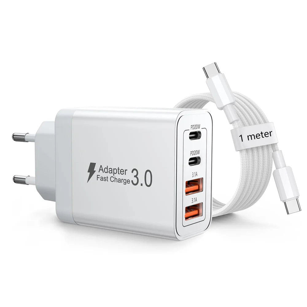 EU/UK/US/AU Plug Multi-Port USB-C/USB-A Wall Charger with Type C Cable, 40W Dual PD Fast Charging Block Mobile Phone Adapter Car Mobile World