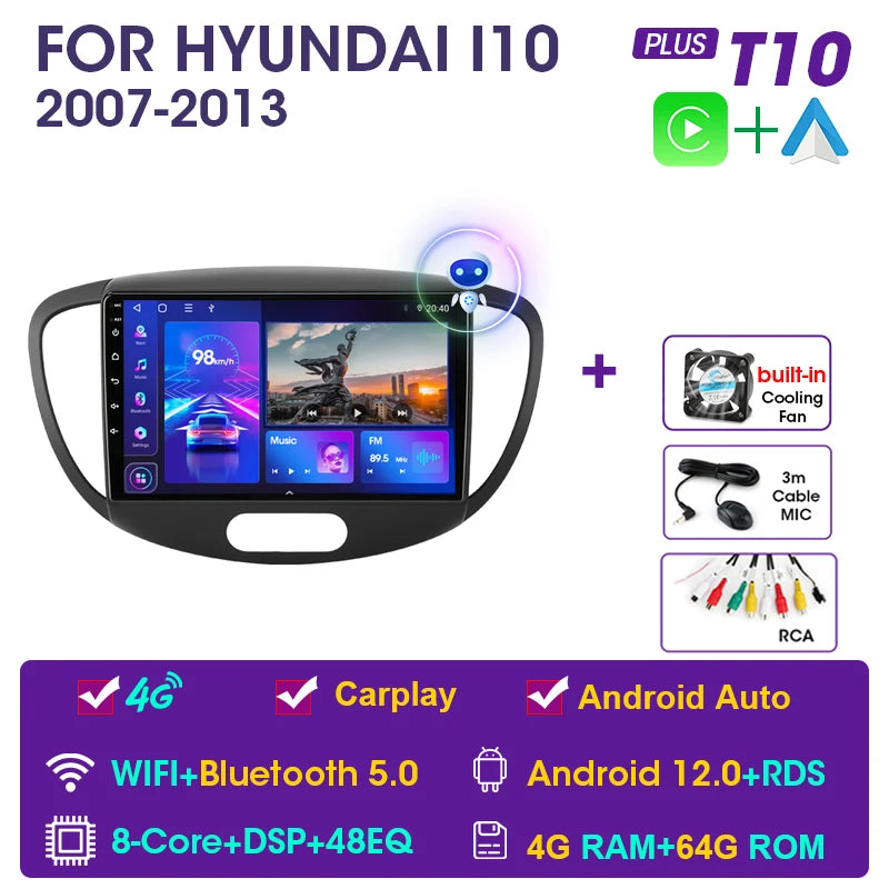 JMCQ 2 Din Car Radio For Hyundai i10 2007 2008 2009 2010-2013 Stereo Multimedia Player Android 12 4G GPS Navigation 2din Carplay CM World