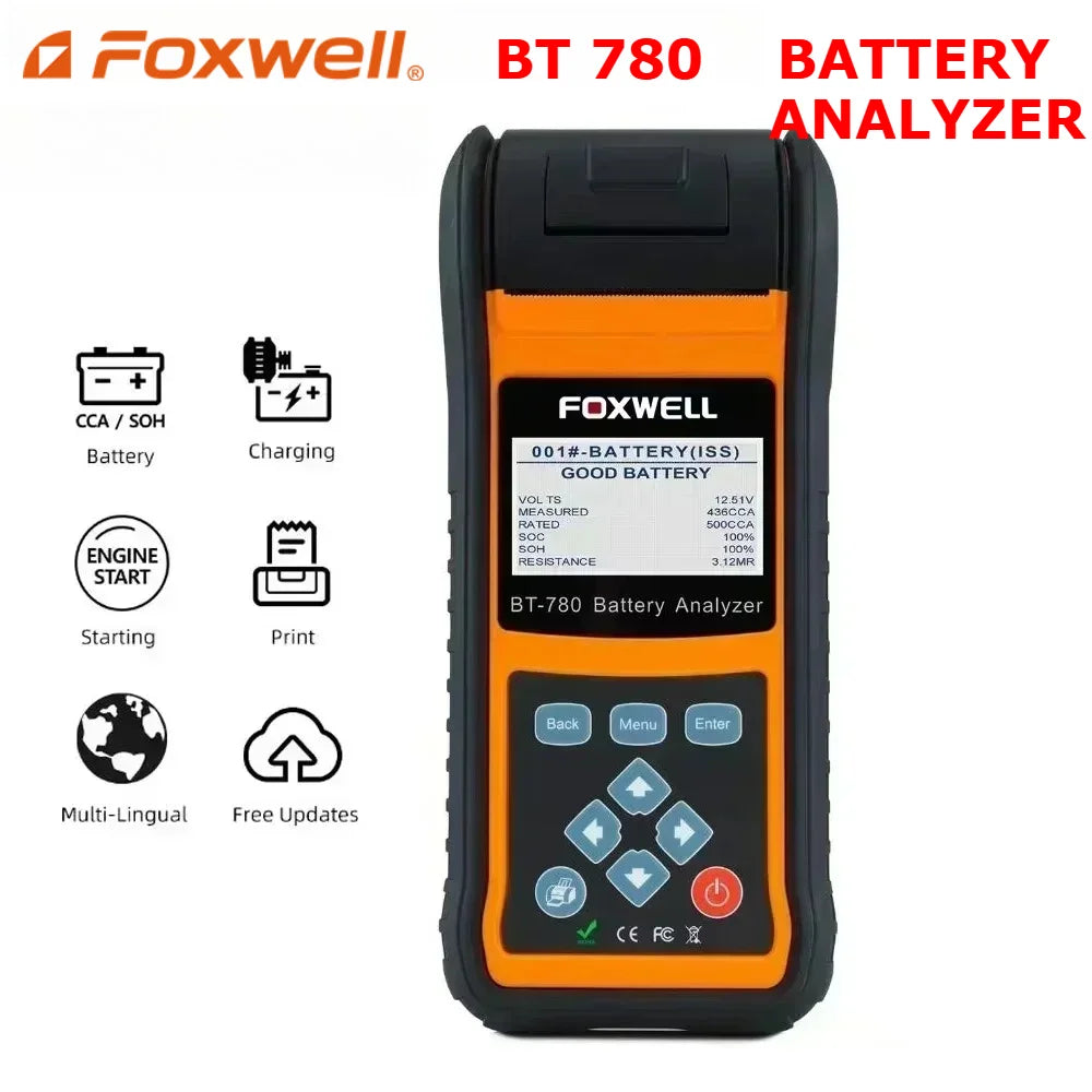 FOXWELL BT780 12V Car Battery Tester capacity AGM/GEL/EFB Analyzer with Built-in Printer Car Battery Monitor CCA/SOC/SOH Test CM World