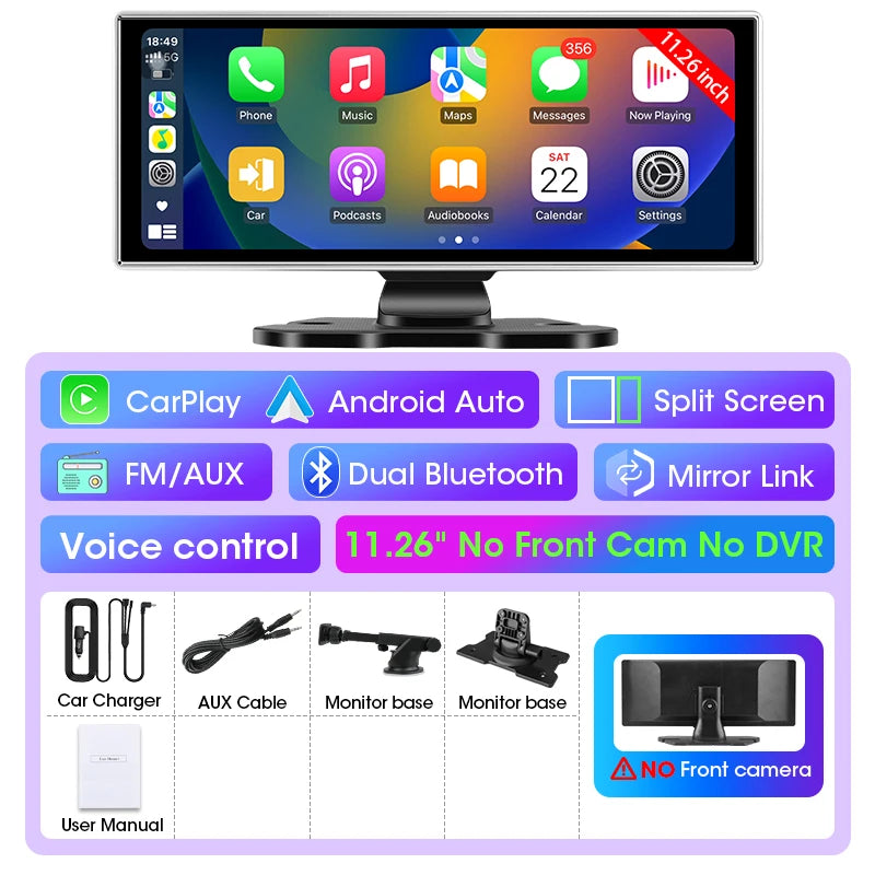 10/11.26 inch Dash Cam 4K Car DVR Wireless Carplay & Android Auto GPS Navigation Video Recorder Dashboard Dual Lens Wifi FM AUX Car Mobile World