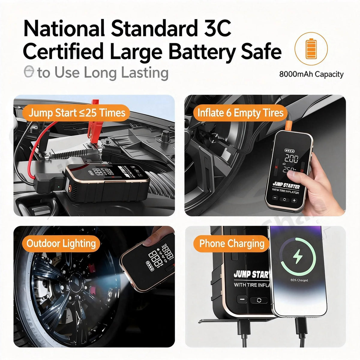 12V Car Jump Starter with Air Compressor - 2-in-1 Emergency Battery Booster, Tire Inflator & Portable Power Bank