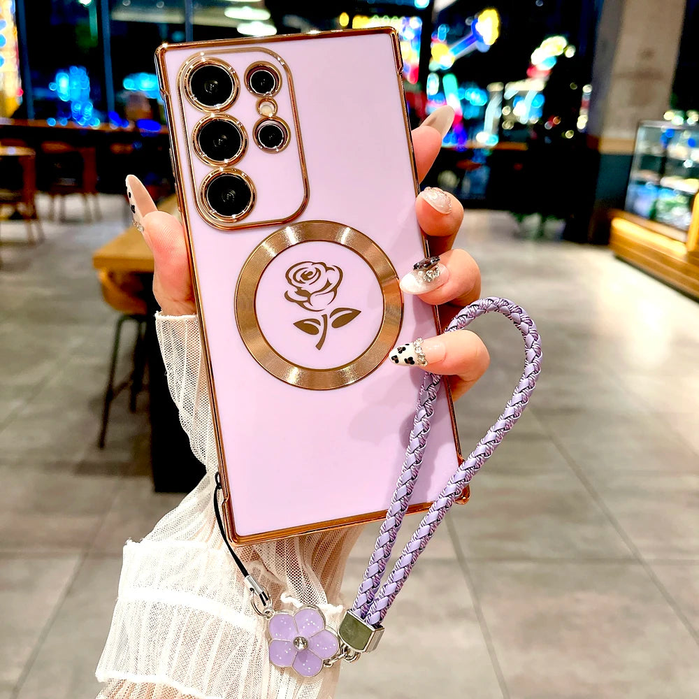 Plating Soft TPU Rose Case For Samsung Galaxy S26 S25 S24 S23 S22 S21 Ultra Plus S25Ultra Magsafe Charge Cover Lanyard Bracelet