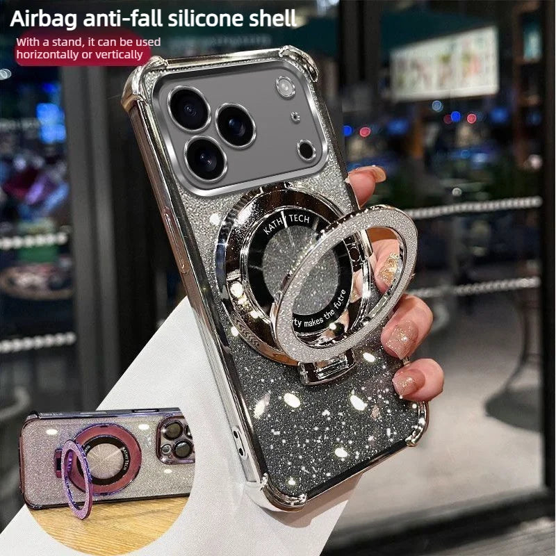 Luxury Plating Clear Glitter Stand Phone Case for IPhone 17 Pro Max 17E Air 16 15 14 Plus 13 Pro Shockproof Four Coner TPU Cover Car Mobile World