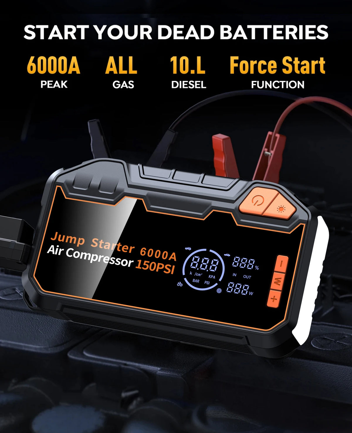 PAIVIROKU Car Jump Starter with Air Compressor 6000A Battery Booster 150PSI Air Pump 20000mAh (10.0L Gas/8.0L Diesel) Power Bank