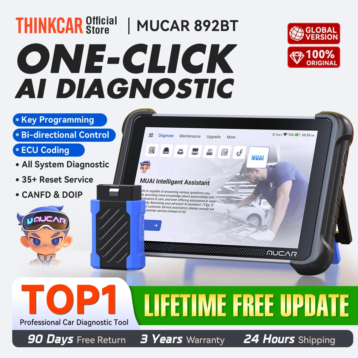 MUCAR 892BT Key Programming AI Automotive Diagnostic Tool Bi Directional Obd2 Scanner ECU Coding CANFD DOIP 35 Resets Life Free Car Mobile World