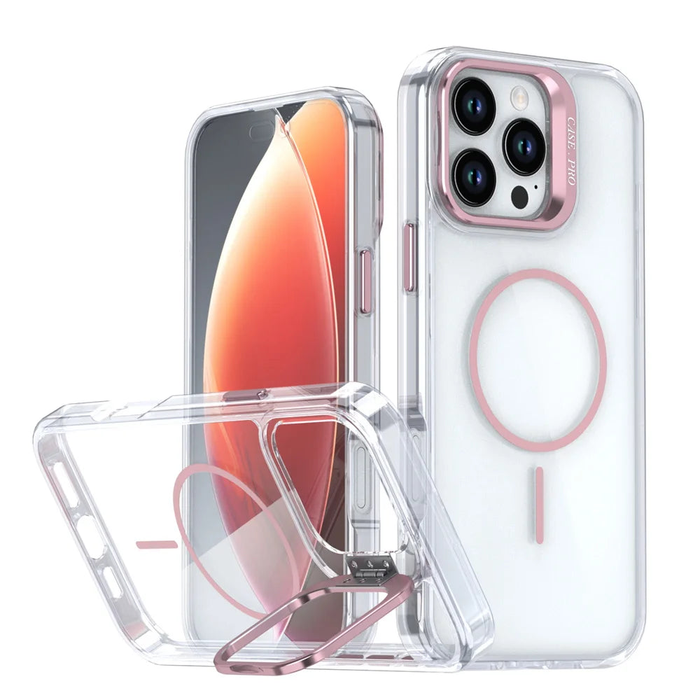Original For Magsafe Invisible Lens Stand Holder Phone Case For iPhone 14 15 16 17 18 Pro Max Plus 13 12 11 Clear Acrylic Cover