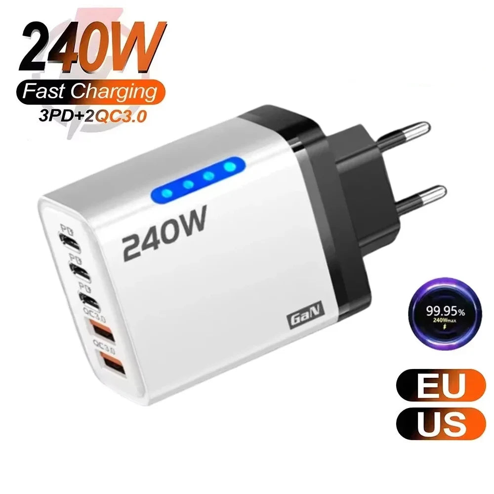 5 in 1 240W GaN Fast Charger With LED Light 2USB+3Type-C Multi Port Phone Charger for iPhone 16 15 pro Samsung Huawei Xiaomi 15 Car Mobile World