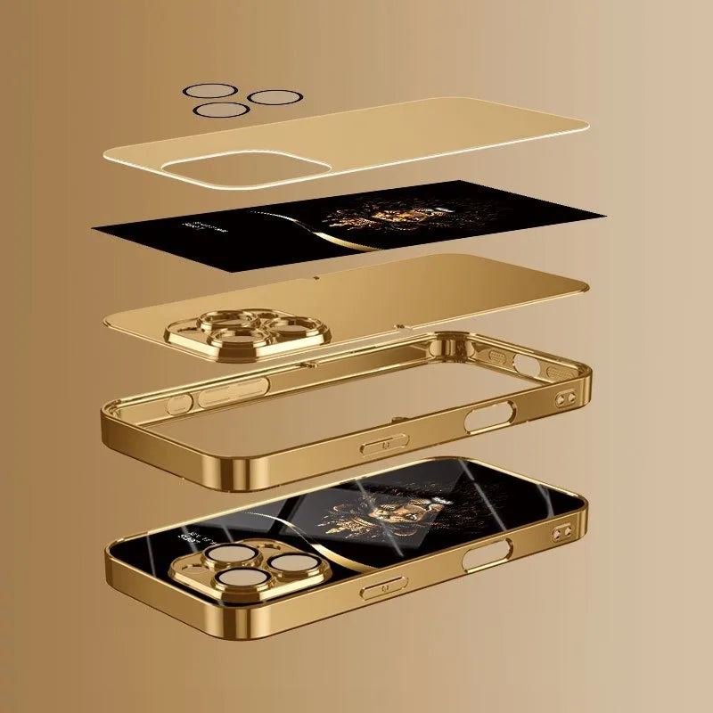 Cool Crown Lion Pattern Gold Metallic Paint Glass Phone Case For iPhone 11 12 13 14 15 16 17 Pro Max 14 Plus 17 Air 16E Cover