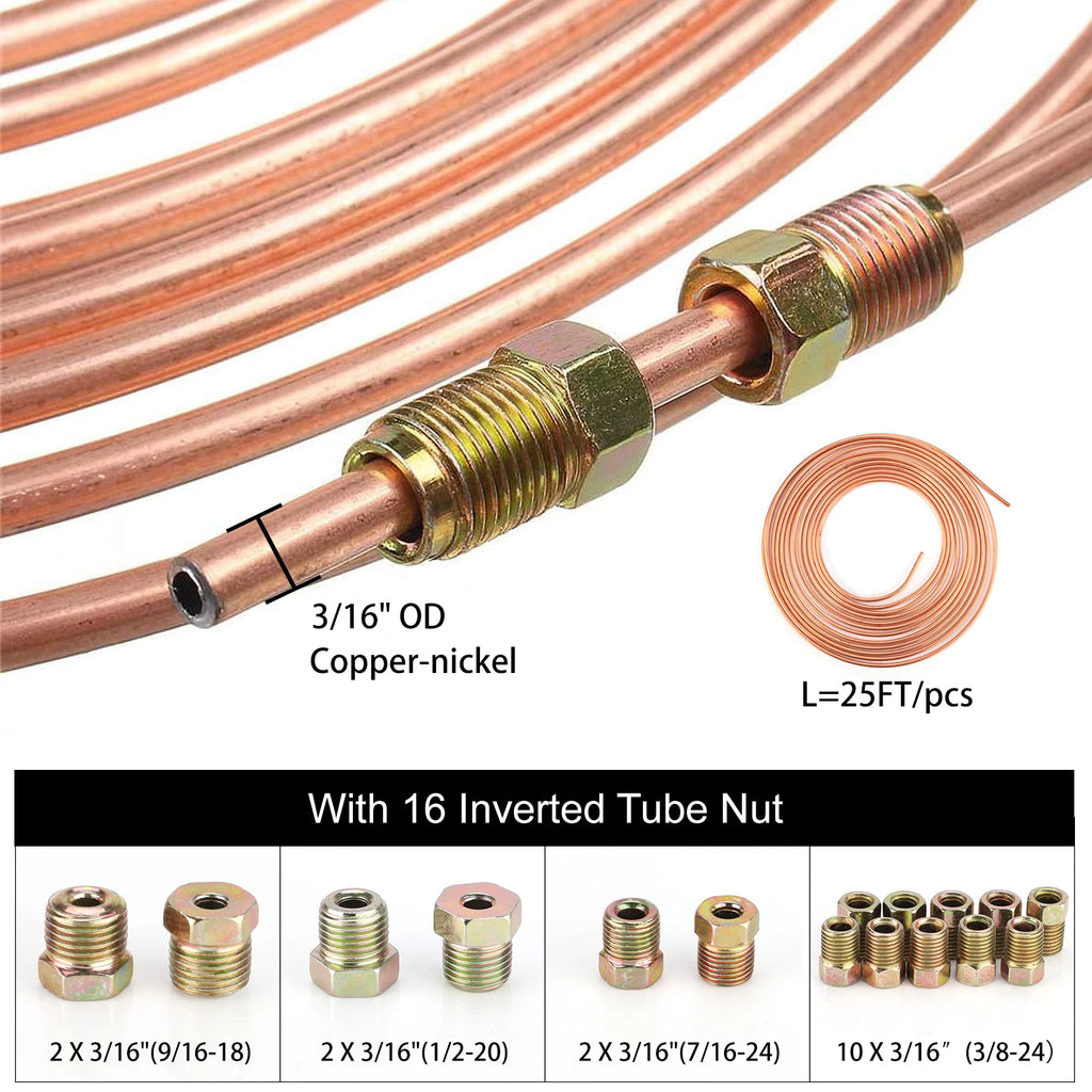 CNSPEED 25Ft 3/16" OD Copper Nickel Alloy Brake Line Pipe Tube With Double Flaring Tool Tubing Cutter 16PCS Tube Nuts Repair Kit CM World