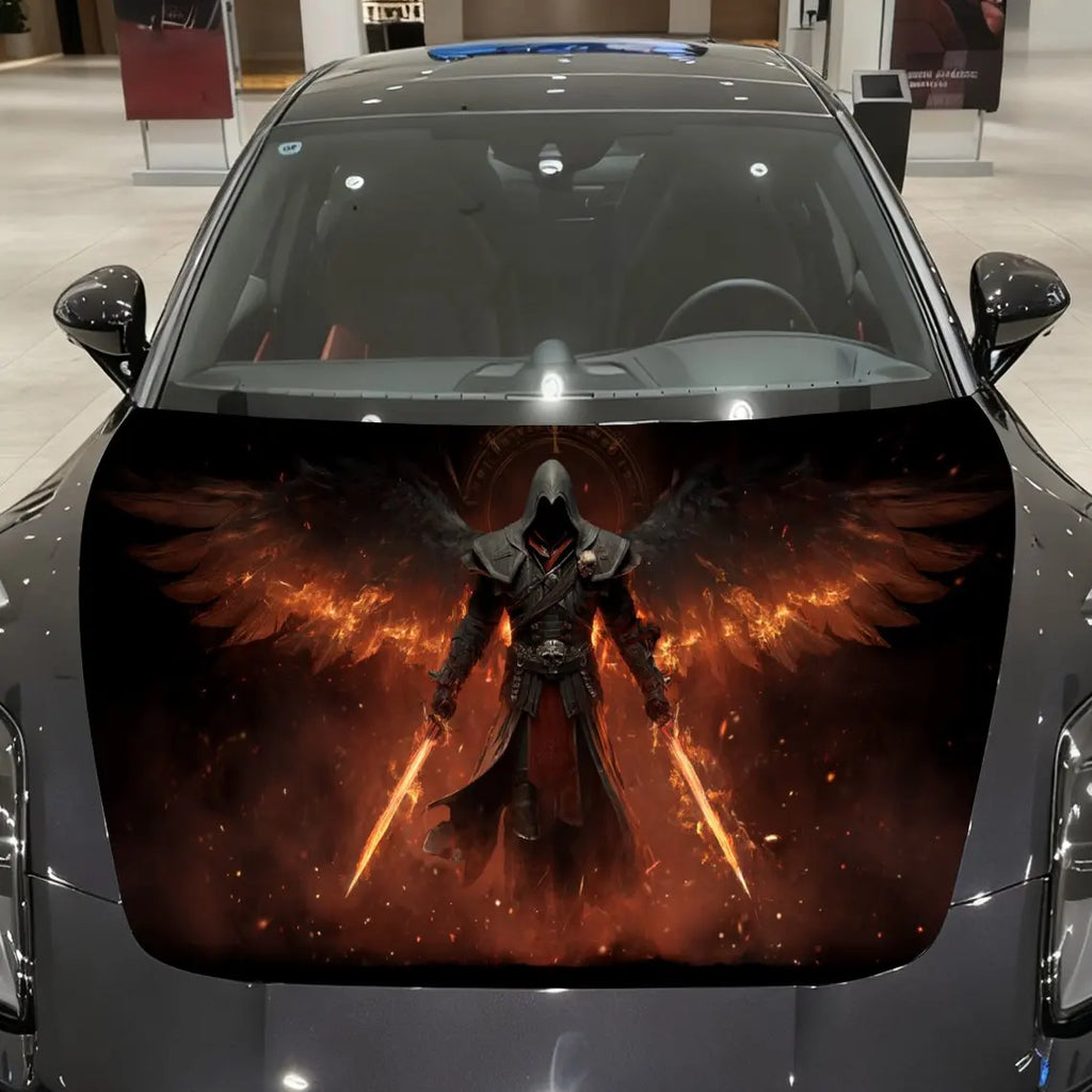 Blazing-Winged Assassin Car Vinyl Wrap, PVC Material Waterproof Car Hood Sticker, Self-Adhesive Scratch-Resistant Stickers for E