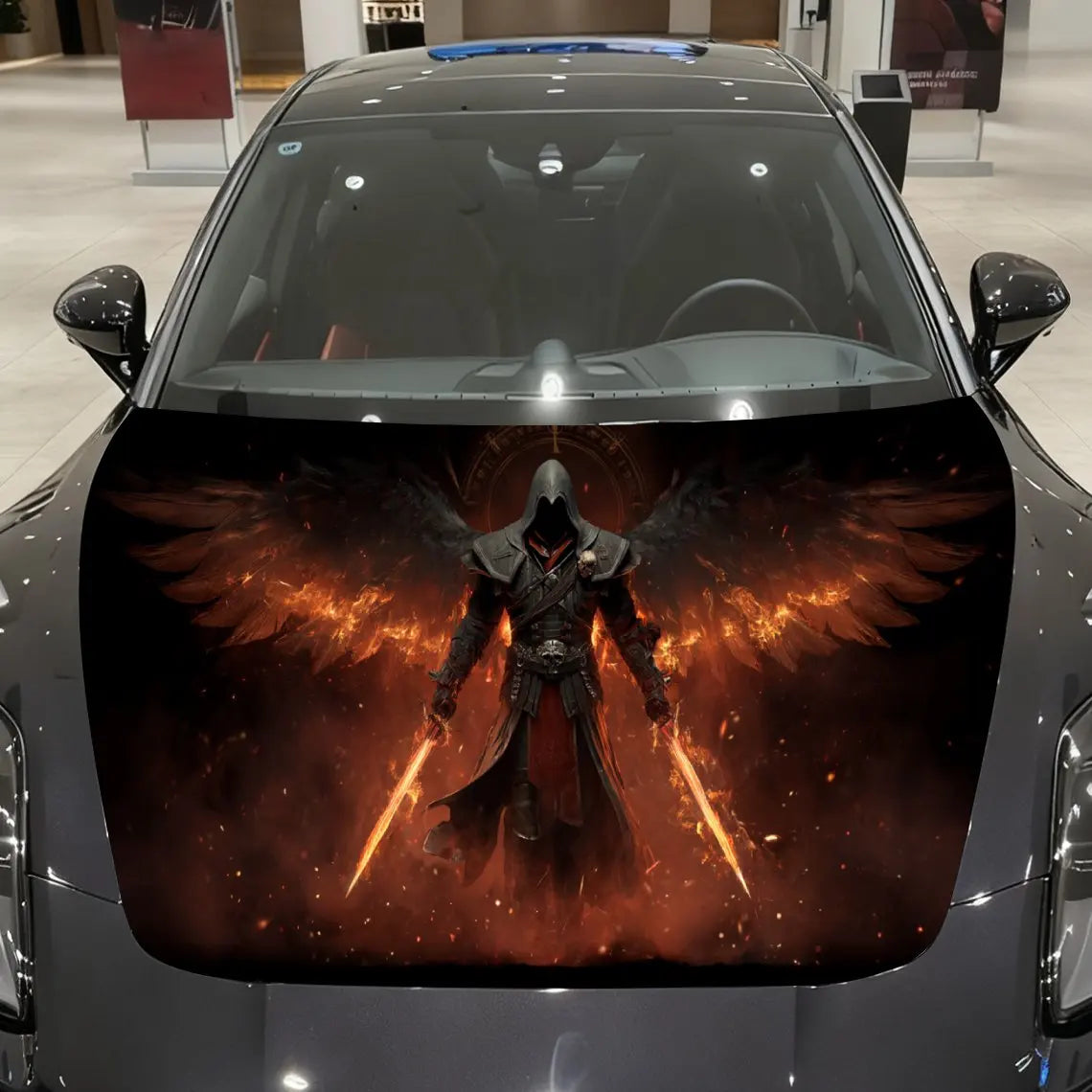Blazing-Winged Assassin Car Vinyl Wrap, PVC Material Waterproof Car Hood Sticker, Self-Adhesive Scratch-Resistant Stickers for E