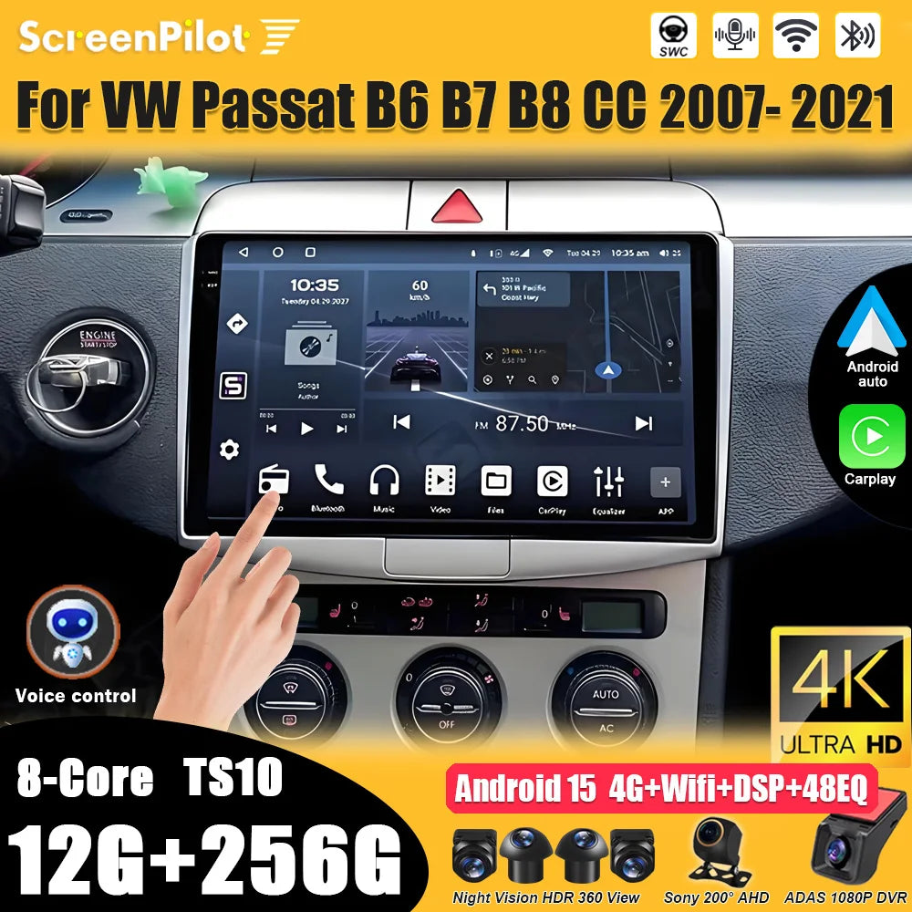 For  Volkswagen VW Passat B6 B7 B8 CC 2007- 2021 android 15 Multimedia Video Player Carplay Intelligent System Wifi 4G 8 Core CM World