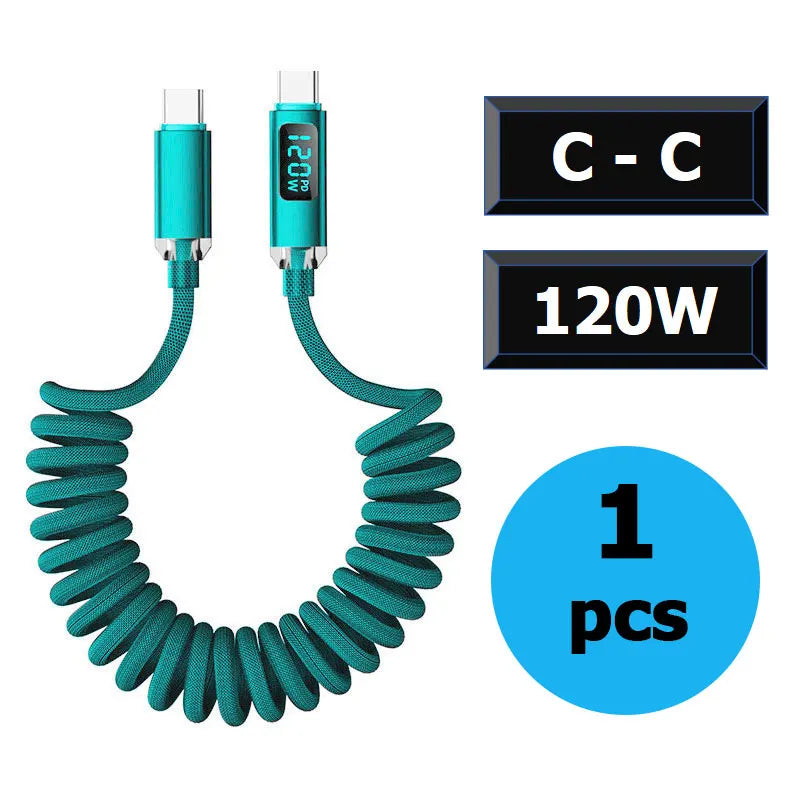 120W Car Retractable Cable Digital Display Spring USB A Type C To Type C Cable For Samsung iPhone 16 Fast Charging Charger Cable