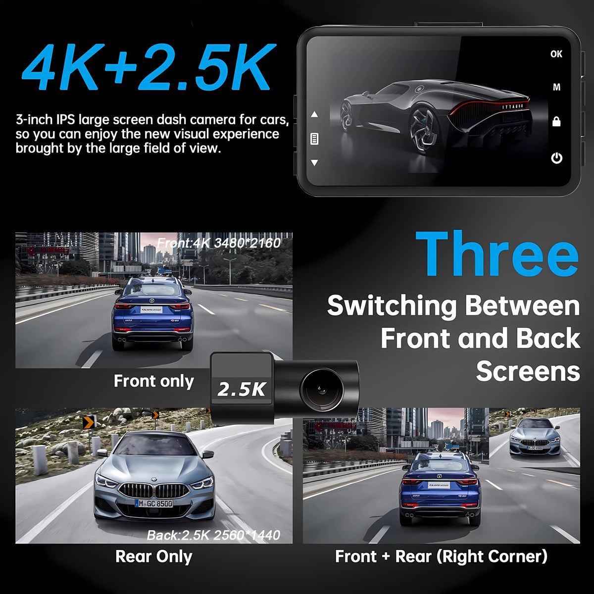 4K 2160P Ultra HD Dash Cam Night Vision With Back 2.5K 1440P Rear Car Video Camera WiFi GPS Logger G-Sensor Loop Recording