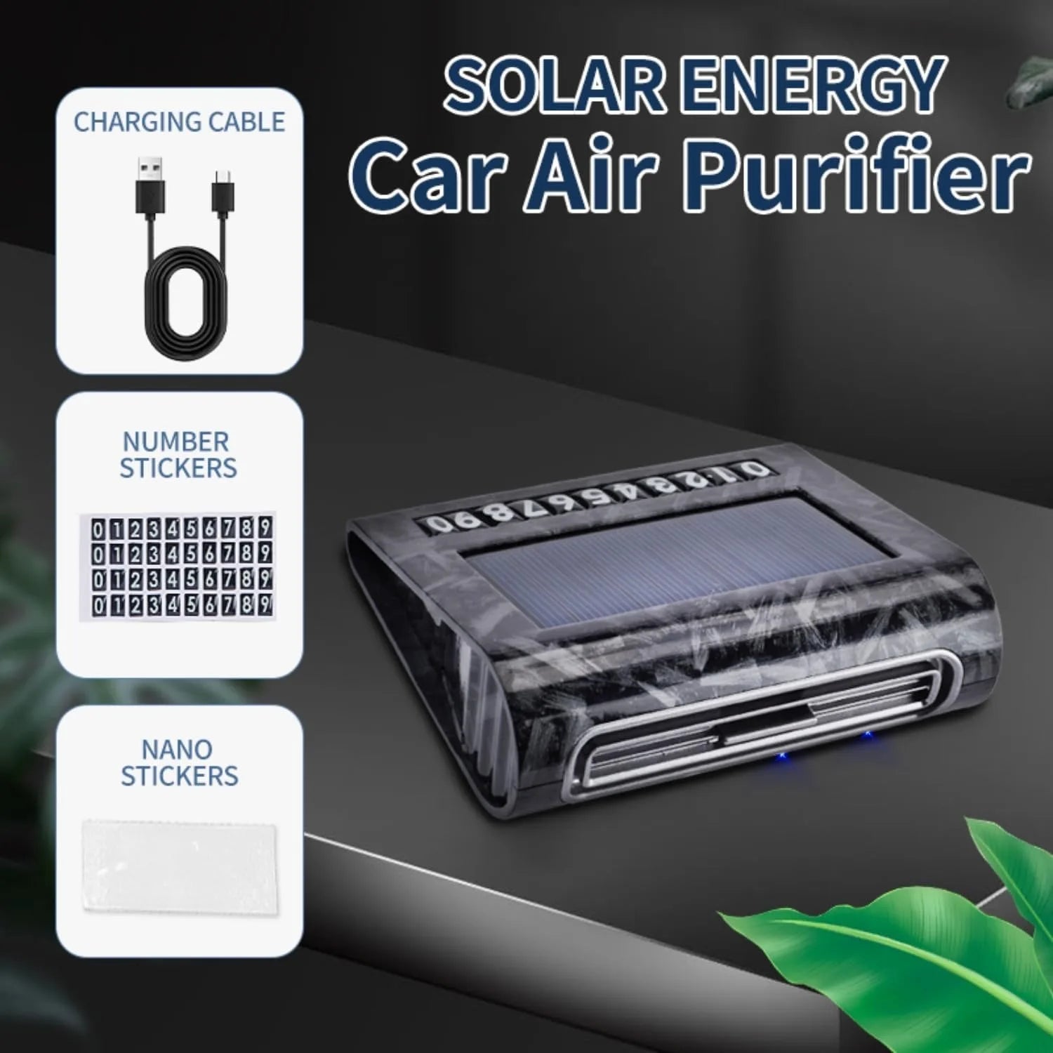 Solar Air Purifier for Car, 2-in-1 USB & Solar Charging, Ozone Ionizer Eliminates Smoke, Pet Odors, VOCs, Filter-Free, Portable CM World