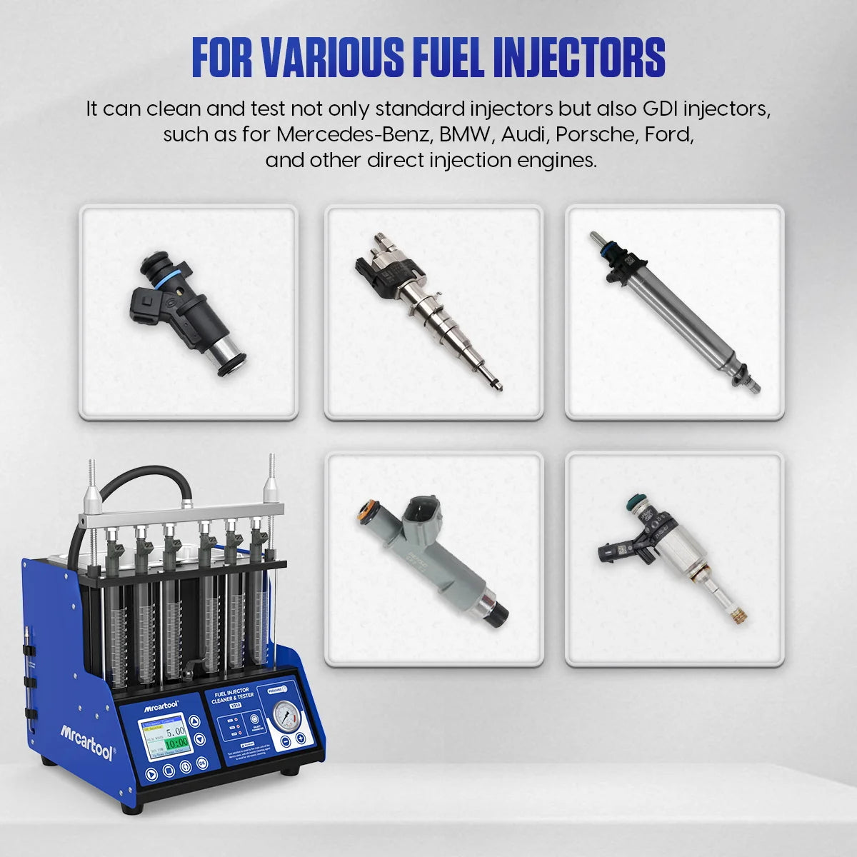 MR CARTOOL V310 Fuel Injector Cleaner & Tester Machine, 6‑Cylinder Ultrasonic Cleaning Tester for GDI EFI FSI Petrol Car Injector Nozzle, Auto Fuel System Diagnostic Inspection Tool for Repair Workshop